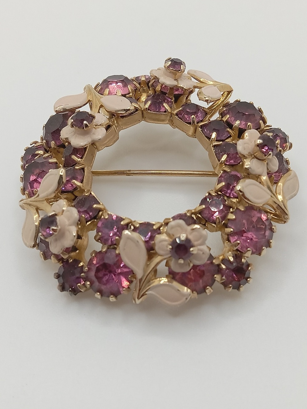 Vintage Purple Rhinestone White Enamel Floral Wreath Brooch Gold Tone 2”